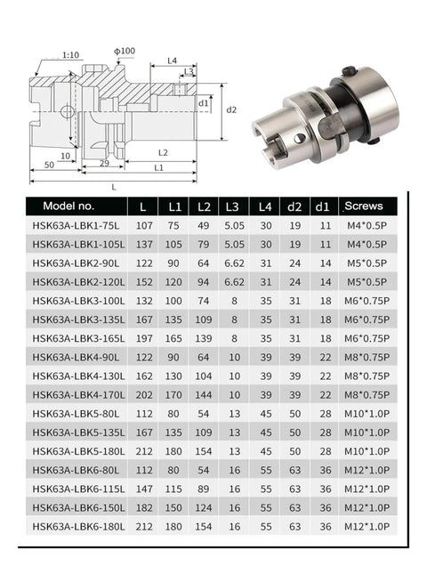Technical drawing and specifications of Rock Solid HSK A63 CNC Collet Clamping Chuck Featuring Heavy Duty Stainless Steel Construction.