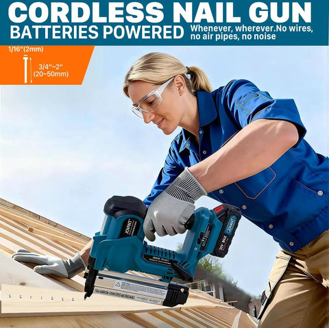 Cordless 2in1 Brad Nailer And Stapler, 18 Gauge Electric Power Tool With 2x2.0Ah Batteries, 800 Piece Fastener Kit in use on wooden boards.