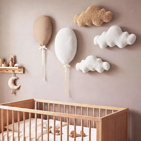 5 Piece Nursery Wall Decor Set With Fabric Cloud Balloons And Linen 3D Hot Air Balloons above a crib in baby room
