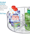 Recycled Plastic Lazy Susan Spin Turntable Organizer with 5 divided sections, clear, loaded with food pouches. 11.5 inch for pantry.