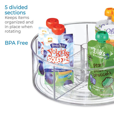 Recycled Plastic Lazy Susan Spin Turntable Organizer with 5 divided sections, clear, loaded with food pouches. 11.5 inch for pantry.