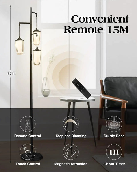 Industrial dimmable floor lamp with three light tree, metal cage shades, remote control, and black pole in living room.