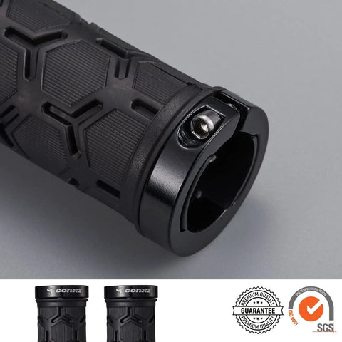 Close-up of double lock on mountain bike grips with anti-slip shock absorbing rubber, black with locking rings visible.