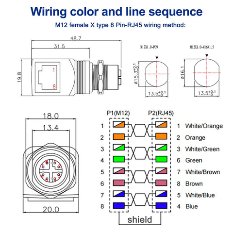 Wiring diagram of M12 To RJ45 X Code 8 Pin Shielded IP68 Industrial Ethernet Adapter with connector measurements and color sequence