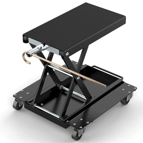 Heavy Duty 1100 Lbs Motorcycle Lift Stand With Dolly And Wide Anti Slip Deck Scissor Lift Jack For Cruisers Street Bikes ATVs And Motorcycles With J Crank Handle And Drill Compatible Socket A Real Workhorse