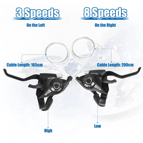3x8 Speed Bike Shifter Lever Set With Gear Indicator And V Brake Cable showing left 3-speed, right 8-speed levers, cable lengths 165cm, 200cm