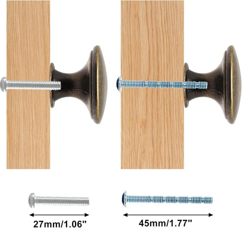 32 Piece Antique Brass Cabinet Knobs Set For Cabinets And Drawers, shown installed with screws on wooden panels