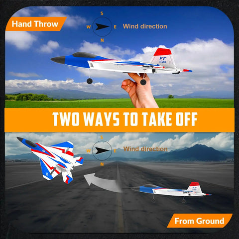 4 Channel F22 Raptor RC Plane RTF With LED Lights, 6 Axis Gyro, 3 Flight Modes showing hand throw and ground takeoff methods