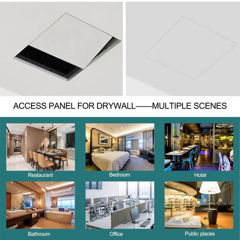 Slick Hidden Ceiling Access Panel, Smooth Flush Mount Drywall Inspection Hatch shown in various settings like restaurant and office.
