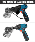 CZS sheet metal cutter drill attachment on blue cordless drill, front view showing cutting head.
CZS sheet metal cutter drill attachment on blue cordless drill, side view.