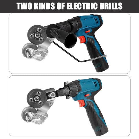 CZS sheet metal cutter drill attachment on blue cordless drill, front view showing cutting head.
CZS sheet metal cutter drill attachment on blue cordless drill, side view.