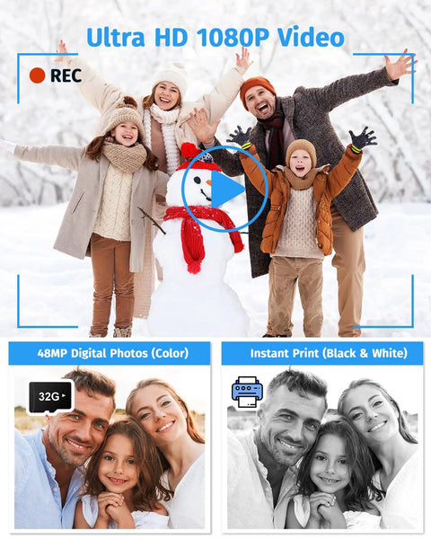 Family playing in snow with Dual Lens Instant Print Camera For Kids With 1080P Video And Zero Ink Printing Includes 32GB Card Blue