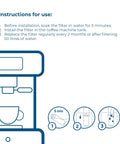 Instructions for use of Sweet Sip Water Filter Cartridges for coffee machines with installation guidance.