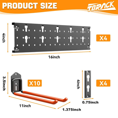 Wall Mount Garden Tool Organizer And Garage Space Saver Storage Rack with dimensions and components shown