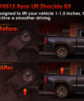 Before and after comparison of Rear Lift Shackle Kit for 1 to 1.5 inch lift Chevy Silverado and GMC Sierra 1500 trucks 1988 to 2018