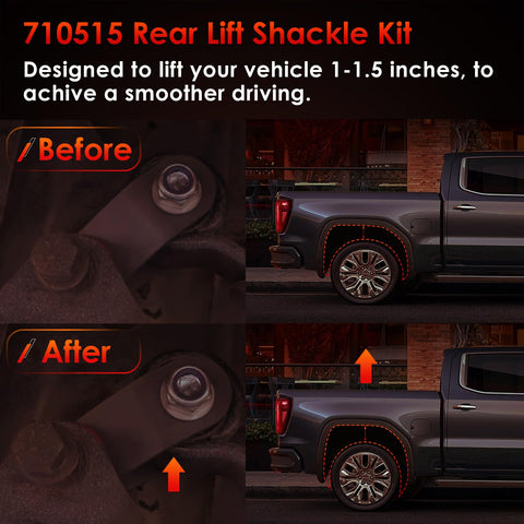 Before and after comparison of Rear Lift Shackle Kit for 1 to 1.5 inch lift Chevy Silverado and GMC Sierra 1500 trucks 1988 to 2018