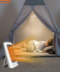 Portable Infrared Space Heater With Quartz Heating Element warming a child in a tent for bedroom use, foldable holder visible