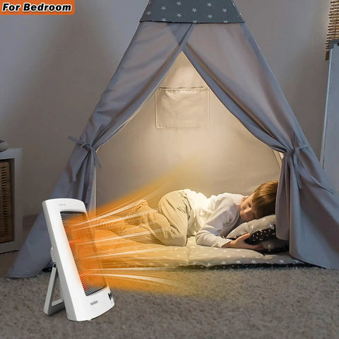 Portable Infrared Space Heater With Quartz Heating Element warming a child in a tent for bedroom use, foldable holder visible