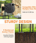 Freestanding Garden Hose Reel Stand For Outdoors No Wall Drilling Required With Sturdy Mounting Brackets Fits Most Retractable Hose Reels Reel Not Included, shown with reinforced anchor points for stability.