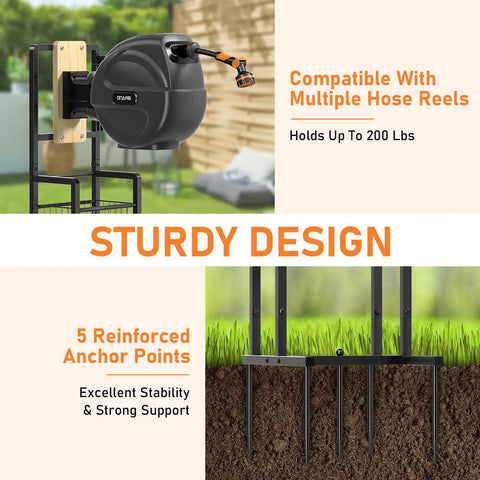 Freestanding Garden Hose Reel Stand For Outdoors No Wall Drilling Required With Sturdy Mounting Brackets Fits Most Retractable Hose Reels Reel Not Included, shown with reinforced anchor points for stability.