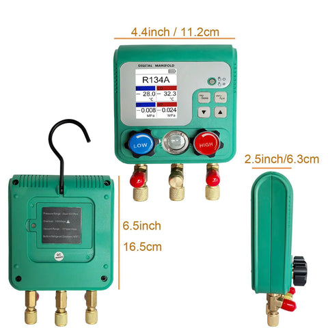 Front view: green Vanlison digital HVAC manifold gauge with blue LOW, red HIGH knobs and three fittings, displays R134A