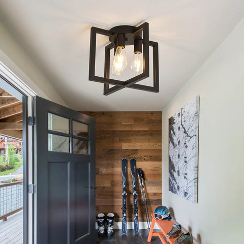 Three Light Dope Industrial Black Ceiling Light Fixture Semi Flush Mount Chandelier in rustic entryway with open door.