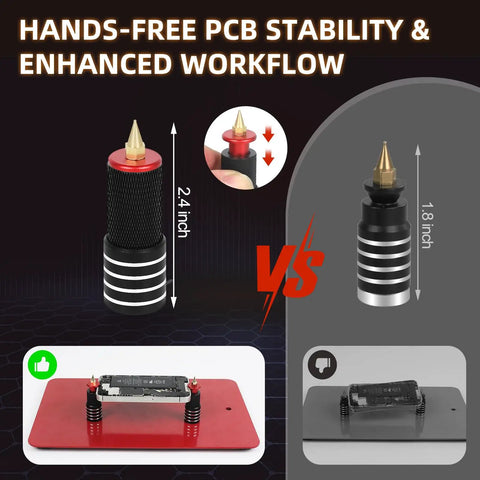 Comparison of Magnetic Third Hand Soldering Tool Set With Four Arms Large PCB Clamp Holder showing different pillar sizes 2.4in vs 1.8in.