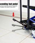 Side view of Amazon hydraulic lift trolley with four wheels, black/blue, foot pedal lever, 500 lb capacity