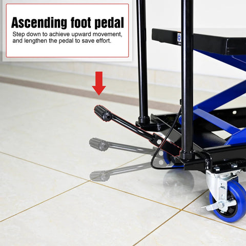 Side view of Amazon hydraulic lift trolley with four wheels, black/blue, foot pedal lever, 500 lb capacity