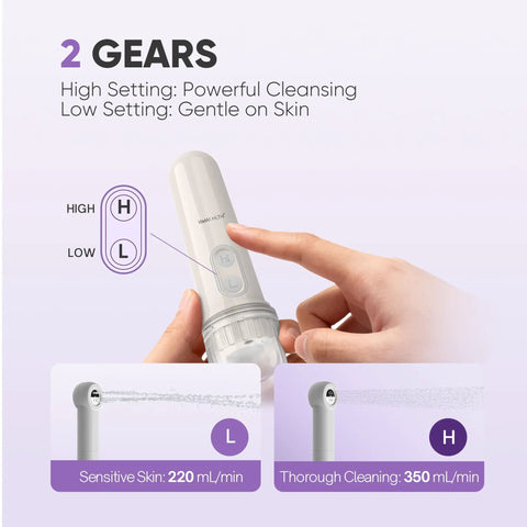 Cordless Handheld Travel Bidet Sprayer With Two Pressure Modes Waterproof Foldable Pocket Size Portable Cleanse in use with two gears visible.