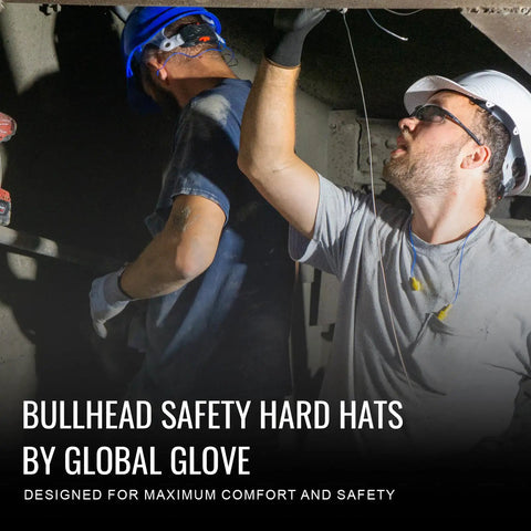 Two workers wearing Bullhead Safety Hard Hats by Global Glove in a construction setting for maximum comfort and safety.
