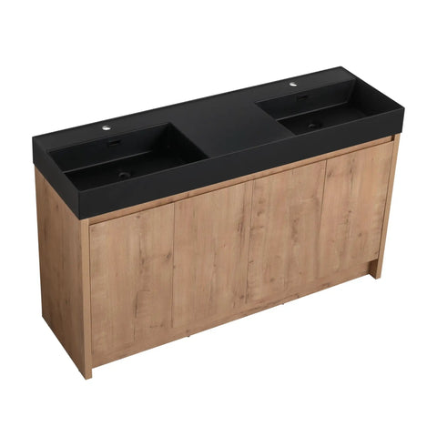 Premium 60 Inch Thick Edge Bathroom Resin Sink With Slick Finish Heavy Duty Build And Sleek Line Designs That Slaps Hard On Vanity Tops While Staying Clean And Totally Dope Daily, large matte black double basin on wood cabinet.