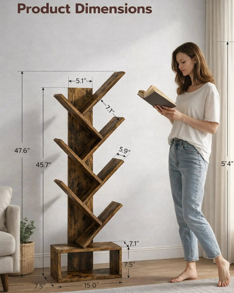 Woman reading beside 6 Tier Tree Bookshelf For Small Spaces, Rustic Brown Hardwood Standing Shelves, showing product dimensions.