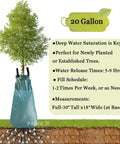 20 Gallon Slow Release Tree Watering Bags Pack Of 3 For Deep Root Hydration graphic showing bag on tree with water saturation.