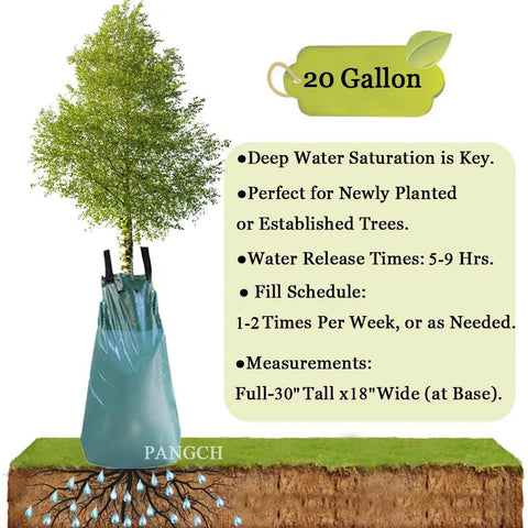 20 Gallon Slow Release Tree Watering Bags Pack Of 3 For Deep Root Hydration graphic showing bag on tree with water saturation.