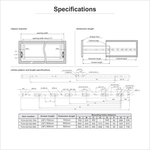 Specifications diagram for 45mm Full Extension Ball Bearing Drawer Slides Side Mount 32 Inch 800mm 1 Pair High Quality Precision Crafted.