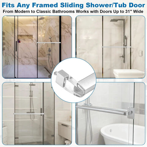 Top Shelf 30 Inch Bright Chrome Glass Shower Door Towel Bar With Sleek Silver Clear Brackets And Easy Peasy Handle Replacement For Framed Tub Enclosures That Nails A Spot On Thirty One Inch Fit, installed in modern bathroom setup.