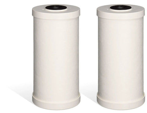 Premium Heavy Duty Sediment Replacement Cartridge For GE FXHTC And RFC-BBSA, 2-Pack, Absolute 5 Micron Filtration, Fits Most 10 Inch Filter Systems Including Whirlpool WHKF-GD25BB, Built Tough, Easy Install Water Filter Cartridge; two white cylindrical filter cartridges standing upright.