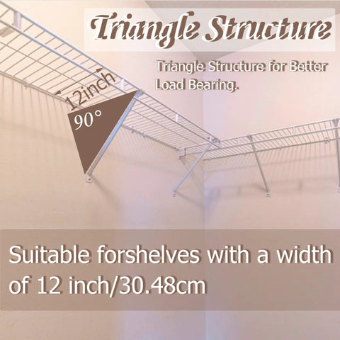 Heavy Duty Six Piece 12 Inch Wire Shelf Brackets With Rust Proof White Epoxy Coating Include Handy Shelf Clips And Mounting Hardware For Zero Hassle Garage Or Closet Rack Setups Every Single Day, showcasing triangular load-bearing support.