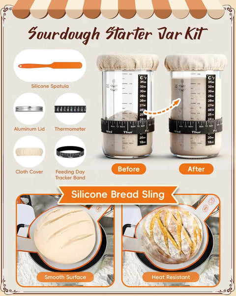 All In One Sourdough Starter Kit For Beginners With No Fuss Easy To Clean Tools Including Round 9 Inch Proofing Basket Starter Jar Dough Whisk Scrapers Bread Sling Lame Silicone Spatula And Bag For Baker Ready Breads, showing starter jar with fermentation stages, silicone spatula, aluminum lid, thermometer, and bread sling.