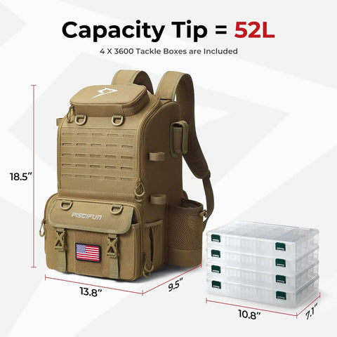 52L Fishing Tackle Backpack With Rod Holders And Four Tackle Boxes, khaki pack shown with dimensions and tackle boxes