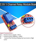 Image of DC 5V 1 Channel Relay Module Board with optocoupler, terminals, input connection points, and instructions for Arduino.