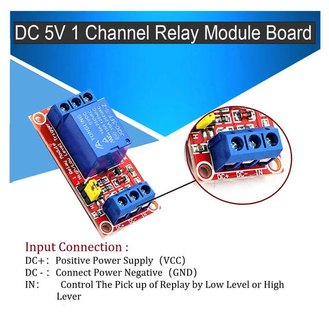 Image of DC 5V 1 Channel Relay Module Board with optocoupler, terminals, input connection points, and instructions for Arduino.