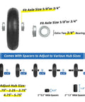4.00-6 Wheelbarrow Tire And Wheel With Pneumatic Tire, Five Eighth Inch And Three Quarter Inch Bearings, hub spacer options displayed