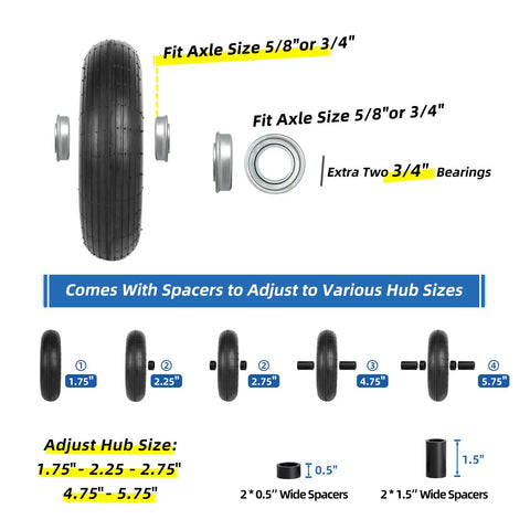4.00-6 Wheelbarrow Tire And Wheel With Pneumatic Tire, Five Eighth Inch And Three Quarter Inch Bearings, hub spacer options displayed