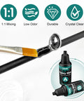 Close-up of Three In One Fishing Rod Repair Kit With Epoxy Glue And Wrapping Thread Rod Tips And Guide Eyelets Replacement Complete Fishing Pole Repair Supplies For Fixing Breaks And Eyelet Cracks showing epoxy application on a fishing rod with bottles.