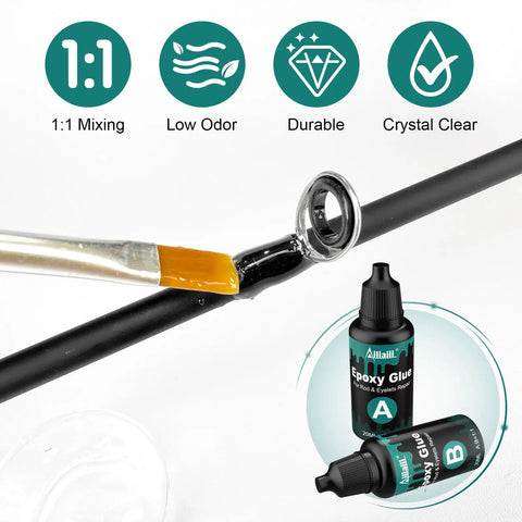 Close-up of Three In One Fishing Rod Repair Kit With Epoxy Glue And Wrapping Thread Rod Tips And Guide Eyelets Replacement Complete Fishing Pole Repair Supplies For Fixing Breaks And Eyelet Cracks showing epoxy application on a fishing rod with bottles.