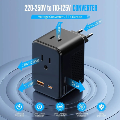 Universal Travel Adapter With Three USB Ports And One Type C Port, Worldwide AC Outlet Charger For Europe UK US AU Asia Over 200 Countries, Blue