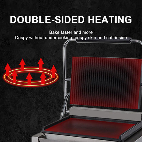 Double-sided heating feature of Top Rated Kuybtu Electric Grill 1800W 3600W Panini Maker, showing efficient heat distribution.