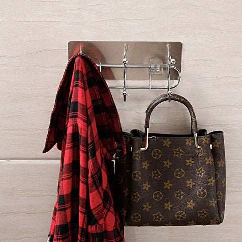 Heavy Duty Wall Mounted Adhesive Free Suction Hooks With Rock Solid Air Pressure Grip holding a red plaid jacket and a patterned handbag.